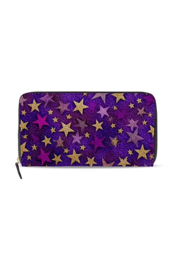 Purple and Gold Stars 3d Vintage Women's Long Zipper Wallet Bifold Clutch Purse PU Leather Card Cases