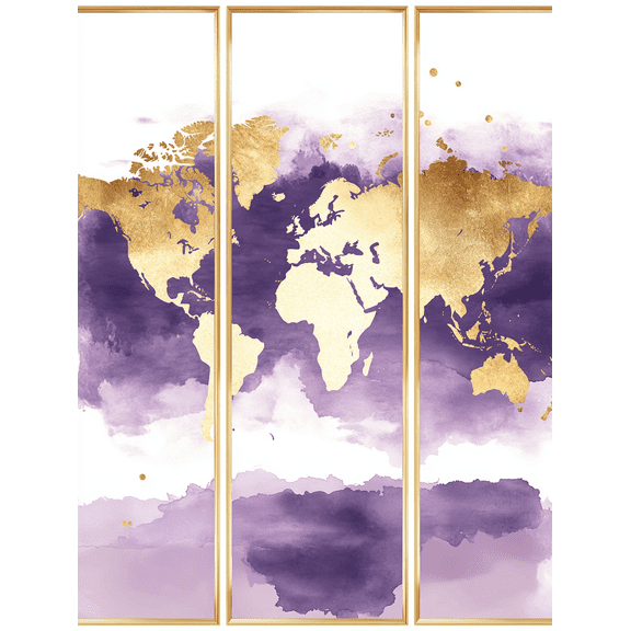 Purple and Gold World Map Triptych Canvas Wall Art Suitable for Living Room Bedroom Office Hallway and Dining Room Decoration.