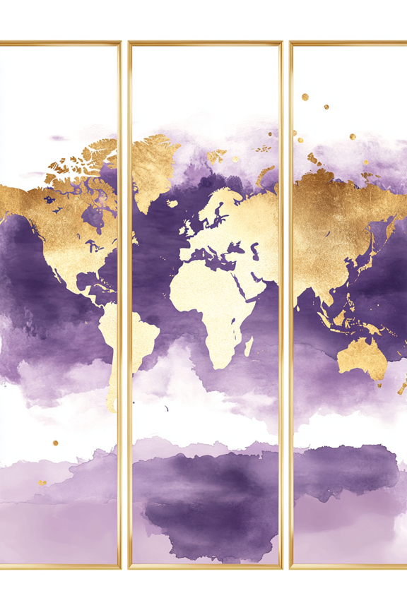 Purple and Gold World Map Triptych Canvas Wall Art Suitable for Living Room Bedroom Office Hallway and Dining Room Decoration.