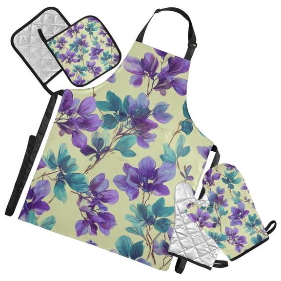 Purple and Green Leaves with Flower Shape Apron Set with Oven Mitts Pot Holders Set of 5 Kitchen Stuff Accessories
