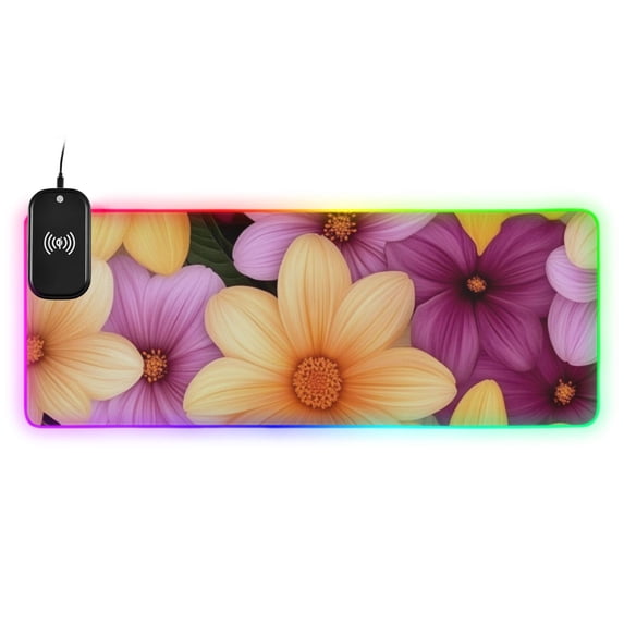 Purple and Orange Flowers Wireless Charging RGB Gaming Mouse Pad Large Keyboard Mat Rubber Base 13 Light Modes