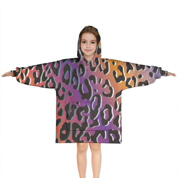Purple and Orange Of Leopard Print Blanket Hoodies for Kids 6-13YR Oversize Wearable Blanket Hoodies for Boys Girls Teens