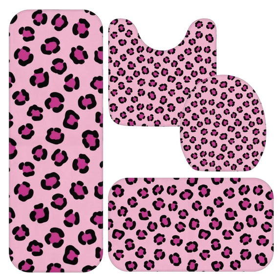 Purple and Pink Leopard Print Bathroom Rug Set 4 Piece,Includes Contour,Lid Cover,Bath Mat,Non-Slip Extra Soft Absorbent Washable