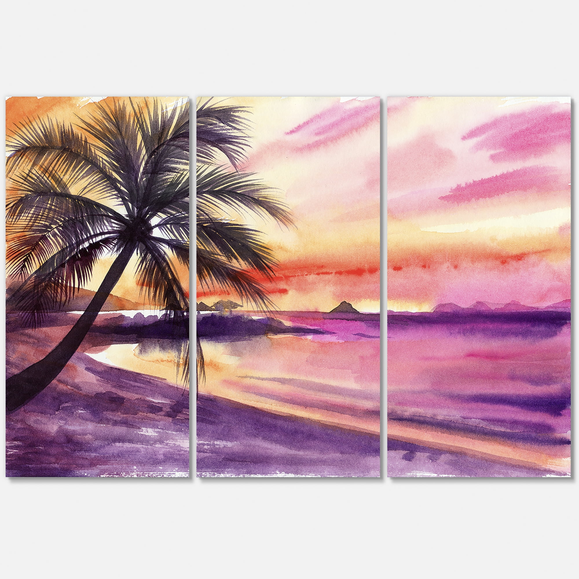 Purple and Pink Palm Beach Sunset 28 in x 36 in Painting Canvas Art Print, by Designart