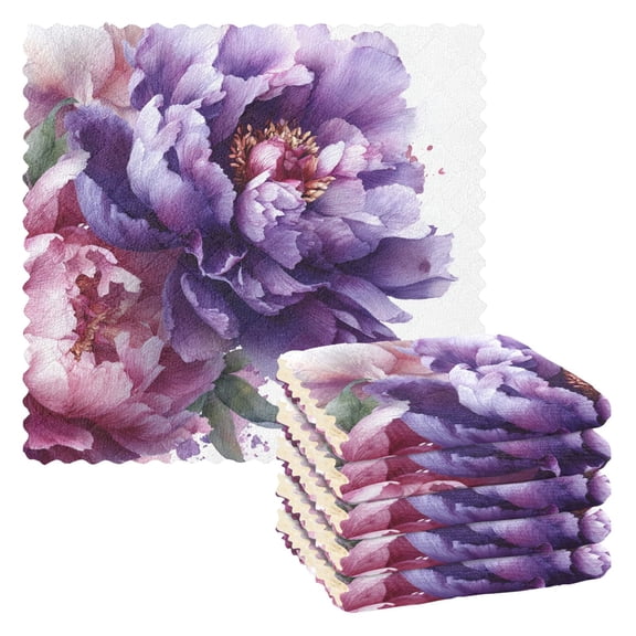 Purple and Pink Peonies Kitchen Cloth Dish Towels for Drying Washing Absorbent Dish Rags Reusable soft kitchen dishcloth set 6 Pack