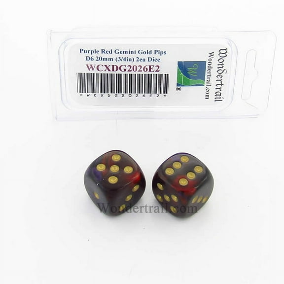 Purple and Red Gemini Dice with Gold Pips 20mm (3/4in) D6 Pack of 2 Wondertrail
