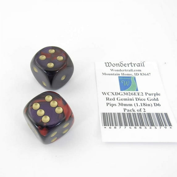 Purple and Red Gemini Dice with Gold Pips 30mm (1.18in) D6 Pack of 2 Wondertrail