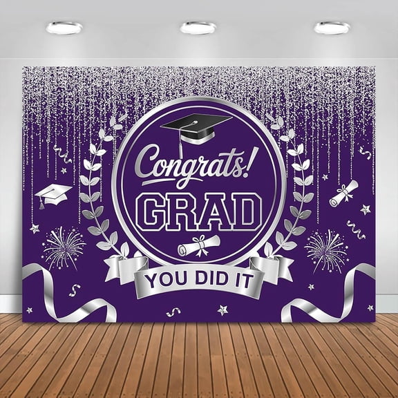 Purple and Silver Graduation Backdrop Congrats Grad Background Congratulations Graduate Class of 2026 Party Decorations Banner Photo Booth Props