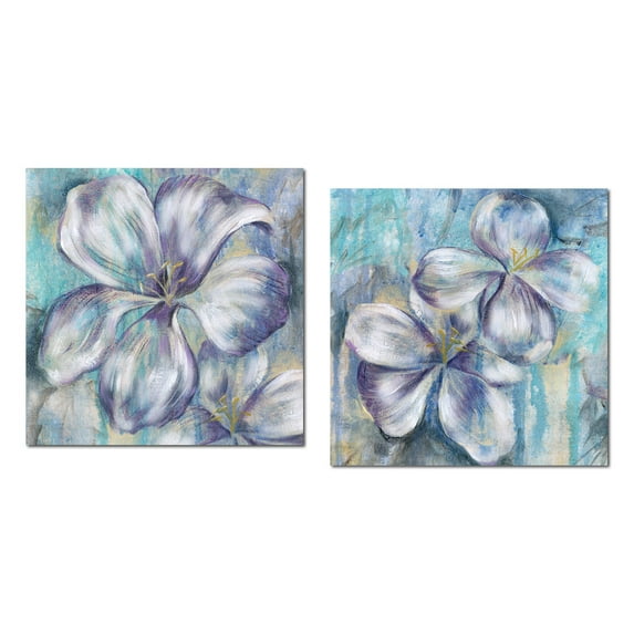 Purple and Teal Blooming Flowers Adult Floral Decor; 2 - 12" x 12" Unframed Posters