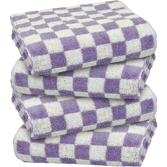Purple and White Checkered Hand Towels 4 Pack - 100% Cotton Soft Absorbent Bath Kitchen Spa Gym Towels - 13x29 Inches