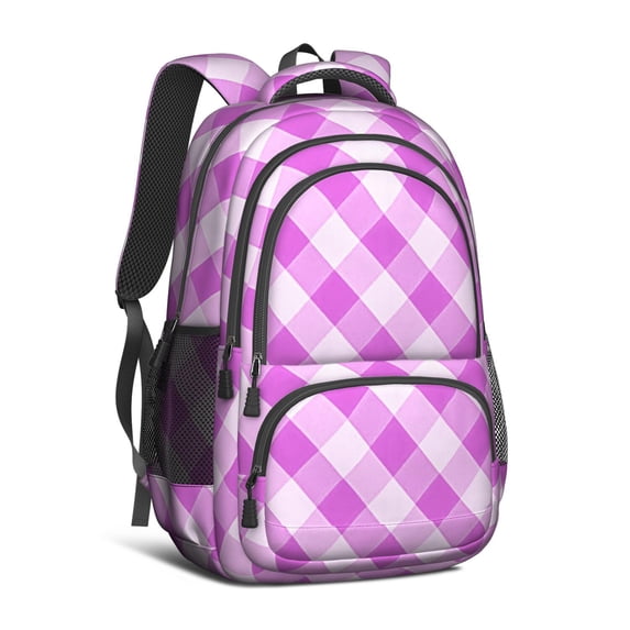 Purple and White Checkered Pattern Backpack for School, Cute School Bag with Adjustable Shoulder Straps and Padded Back, 16.9"x12.6"x5.9"