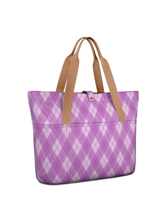 Purple and White Checkered Pattern Large Tote Bag for Women, Polyester Roomy Travel Tote with Pockets and Zipper, Foldable Gifts Ideas for Women Men