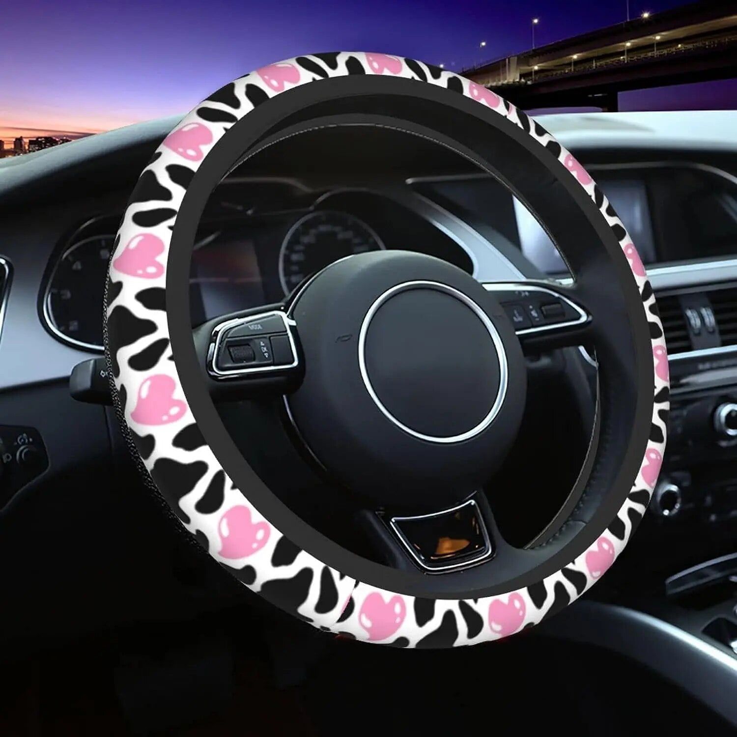 Purple and White Cow Steering Wheel Cover 15 Inch Universal Steering