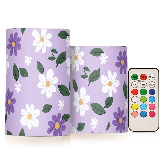 Purple and White Daisy Pattern Flameless LED Candle Set with Remote, Battery Operated Color Changing Pillar Candles, Set of 2