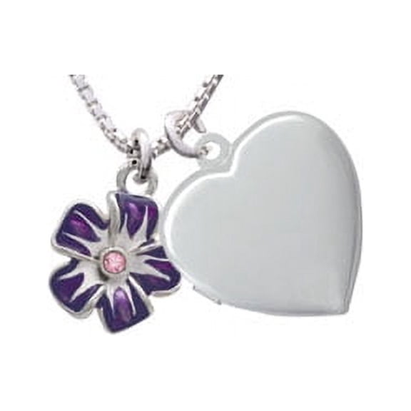Purple and White Flower with Pink Crystal Heart Locket Necklace, 18"+2"