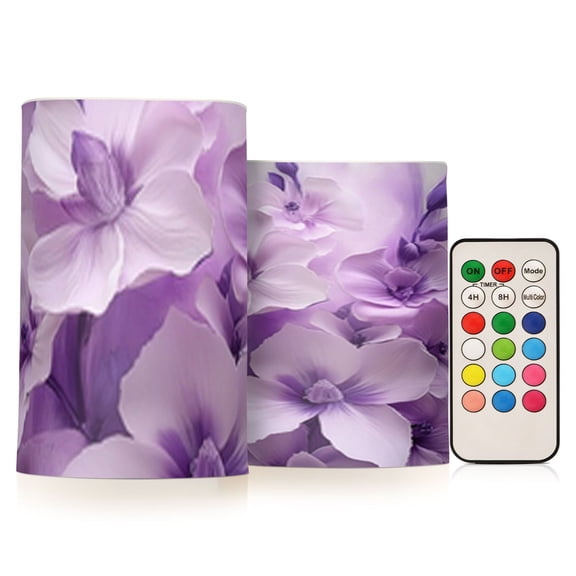 Purple and White Flowers Flickering Flameless Candles Battery Operated with Remote Timer LED Pillar Candles Set of 2