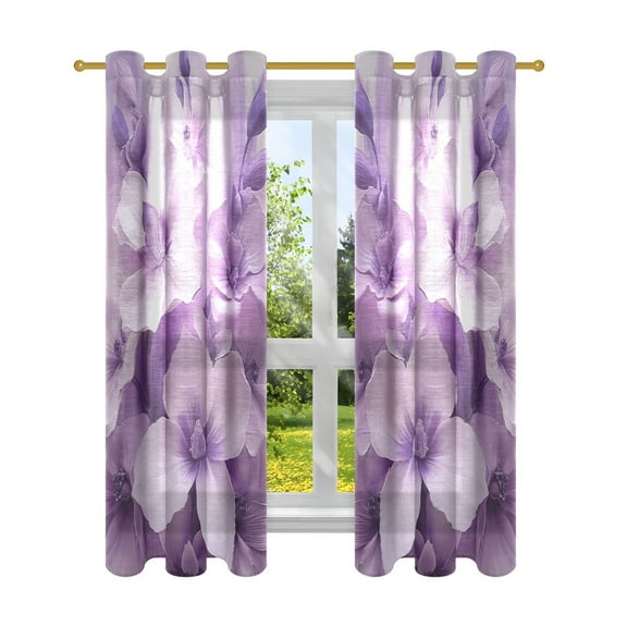 Purple and White Flowers Semi Sheer Curtains for Living Room Bedroom Set of 2 Insulated Window Drapes