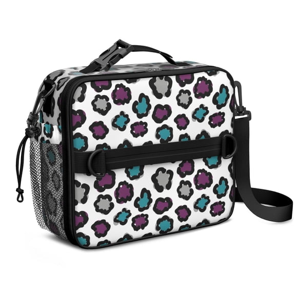 Purple and White Leopard Print Insulated Lunch Bag with Shoulder Strap and Bottle Holder,Bento School Lunch Bag Box,11x9.5x3.5 Inches