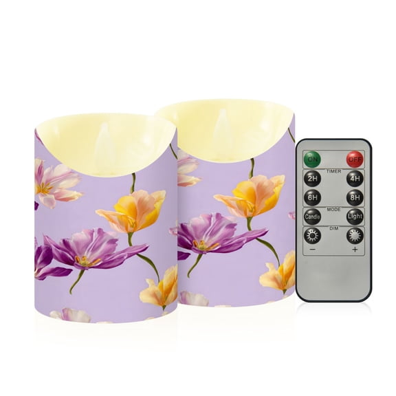 Purple and Yellow Tulips Flower Flickering Flameless Candles with Remote Timer Battery Operated LED Tealight Set of 2 S