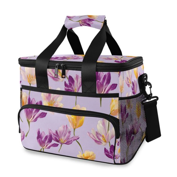 Purple and Yellow Tulips Flower Portable Cooler Lunch Box Reusable Insulated Lunch Bag Leakproof 15L