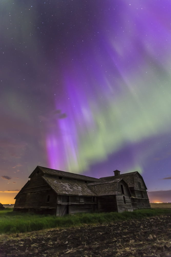 Purple aurora over an old barn in southern Alberta Canada Canvas Art - Alan DyerStocktrek Images (23 x 34)