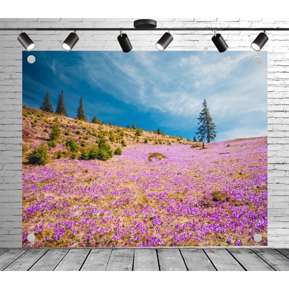 Purple crocuses mountain slope backdrop | Polyester fabric banner curtain, suitable for themed parties, outings, picnics, celebrations and studio props