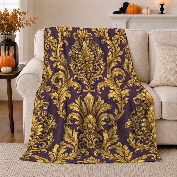 Purple gold baroque scroll Flannel Blanket for bedroom sofa living room reading nook Home Decor grand acanthus crest ornate royal textile art Gift for decor fans