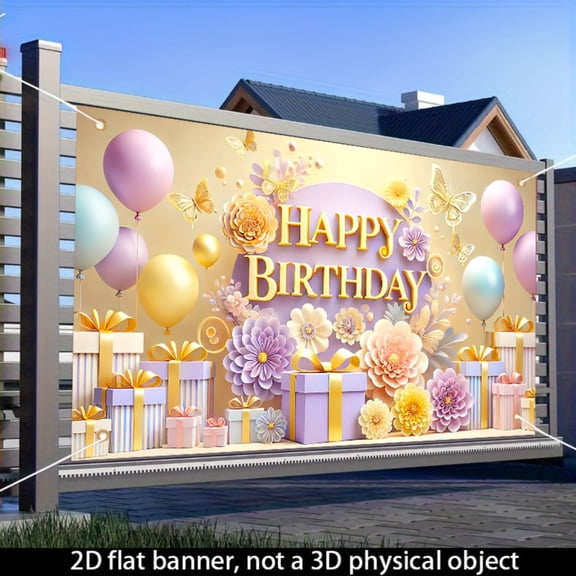 Purple-gold flower butterfly birthday theme banner, indoor and outdoor party decoration background cloth, 71x43 inches, birthday wall flag hanging, three-dimensional flower and gift balloon design, s