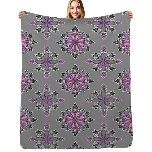 Purple gray floral pattern design Flannel Blanket Warm Soft Bedding Throws Winter Camping Chair Sofa Bed