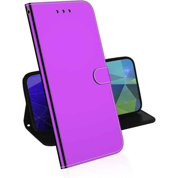 for Purple iPhone 13 Pro Max Wallet Case for Women, Luxury PU Leather Glitter Glossy Makeup Mirror Case with Card Holder Slots Magnetic Closure Flip Cover Protective Kickstand Strap Purse Case