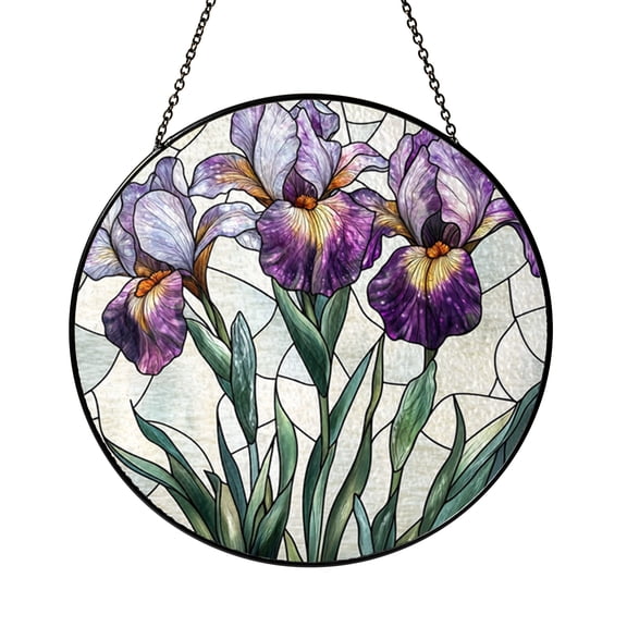 Purple iris stained glass ornament for window decor, artistic floral panel and unique botanical accent for home decoration and gifting