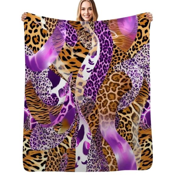 Purple leopard animal print swirls Flannel Blanket Warm Soft Bedding Throws Winter Camping Chair Sofa Bed