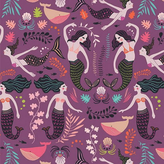 Purple mermaid fabric, Art Gallery Siren Song Orchid cotton, Sold by the Quarter Yard