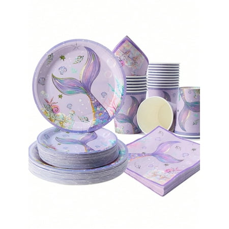 Purple mermaid tail themed disposable tableware and cups, suitable for 25 people to use