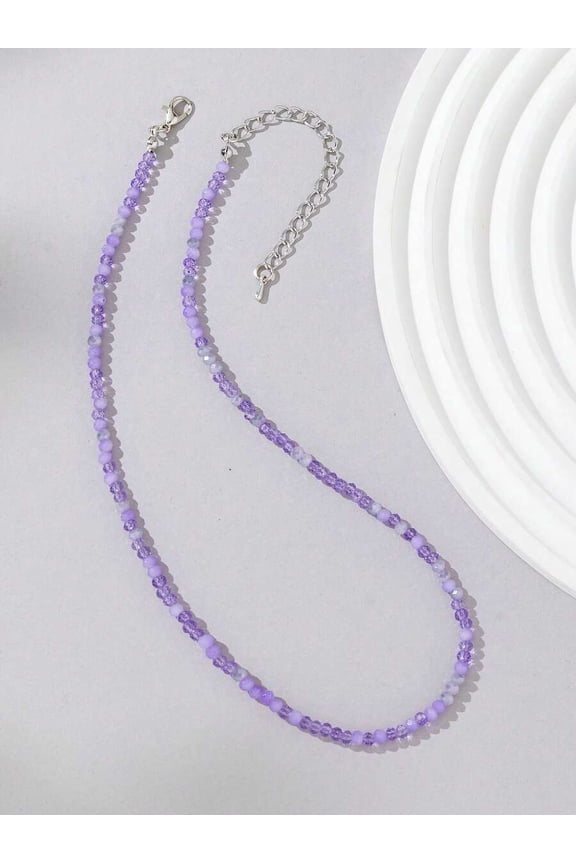Purple-n143R Minimalist Beaded Necklace With Mixed Lavender Crystal-Like Beads And Silvertone Clasp