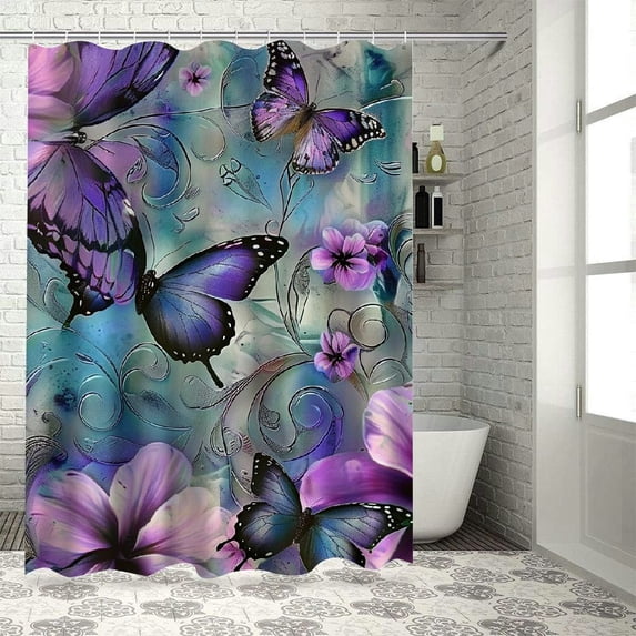 Purple rose butterfly bathroom shower curtain, exquisite flower shower curtain, durable bathroom shower curtain , various specifications
