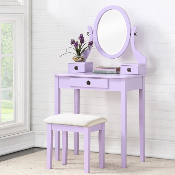 Wood - vanity table set with adjustable mirror and 3 storage drawers, paired with a padded seat - useful for organizing in bedroom