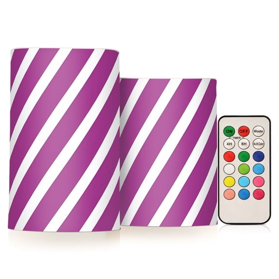 Purple-white Diagonal Stripes Flickering Flameless Candles LED Tealight Battery Operated with Remote Set of 2 Holiday Decor Ornaments