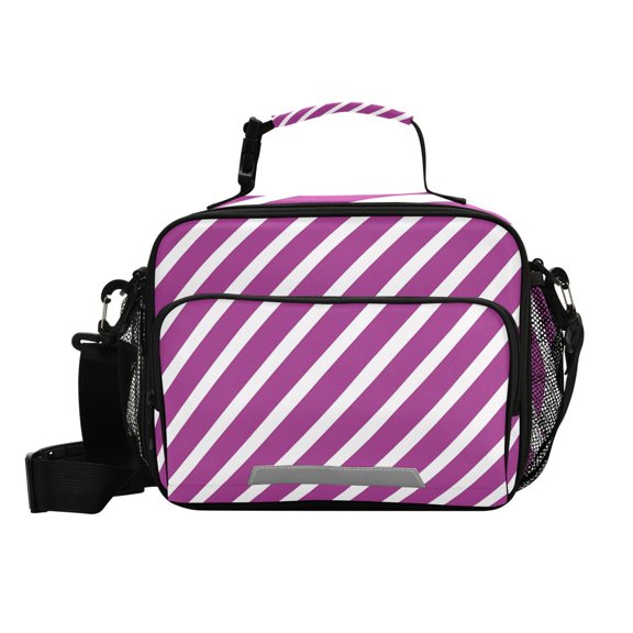 Purple-white Diagonal Stripes Insulated Lunch Bag Portable Cooler Bag Mommy Bag Large Capacity 6L