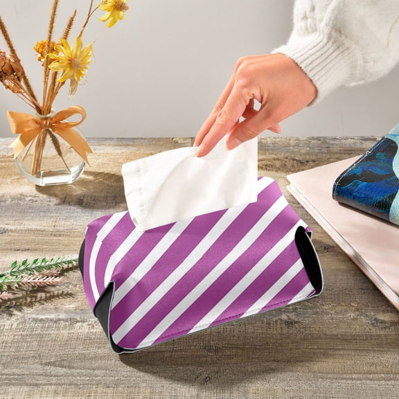 Purple-white Diagonal Stripes Leather Tissue Box Cover Rectangle Tissue Holder Foldable