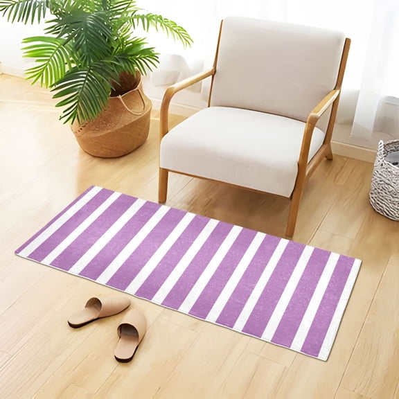 Purple-white Narrow Stripes Plush Carpet Non Slip Runner Rug Absorbent Bath Mat 39" x 20"