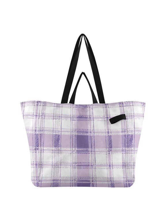 Purple-white Plaid Foldable Canvas Tote Bags Reusable Grocery Bags Laundry Bags Beach Bag 32L