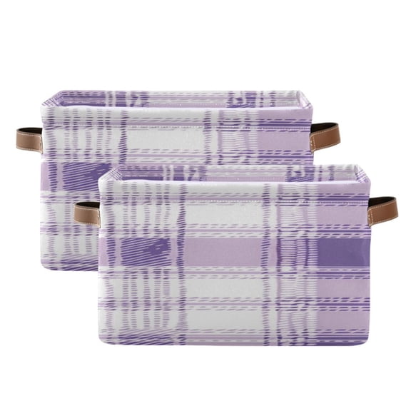 Purple-white Plaid Square Storage Bins with Handles Collapsible Containing Box 2 Packs