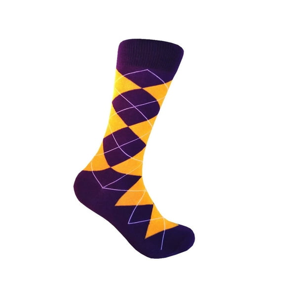 Purple with Gold Yellow Color Mid-calf Argyle Dress Casual Socks for Men