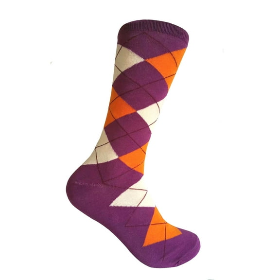 Purple with Orange and Cream Color Mid-calf Argyle Dress Casual Socks for Men