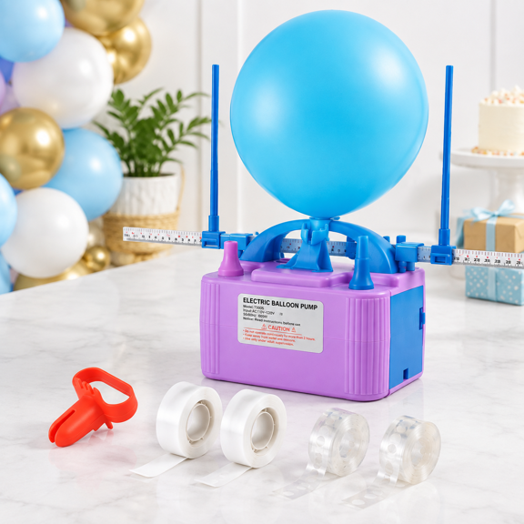 Purple-with Sizer Electric Balloon Pump Dual Nozzle Inflator with Balloon Sizer and 100 Ties