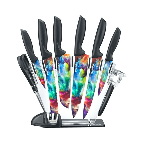 PurpleChef 10 Pieces Kitchen Knives Set. Includes 6 Stainless Steel Knives, Scissors, Knife Sharpener, Peeler, and Clear Acrylic Stand (Cosmos)