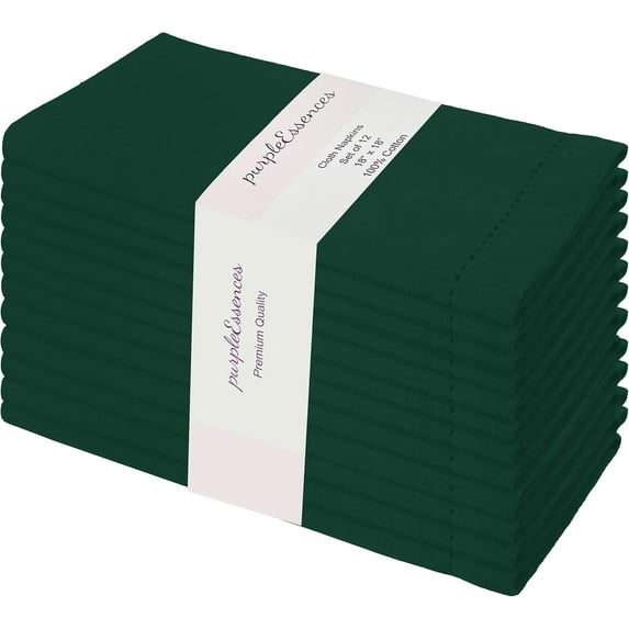 PurpleEssences 12 Hemstitch Cotton Dinner Napkins - Soft, Durable, Washable | 18x18 - Forest Green