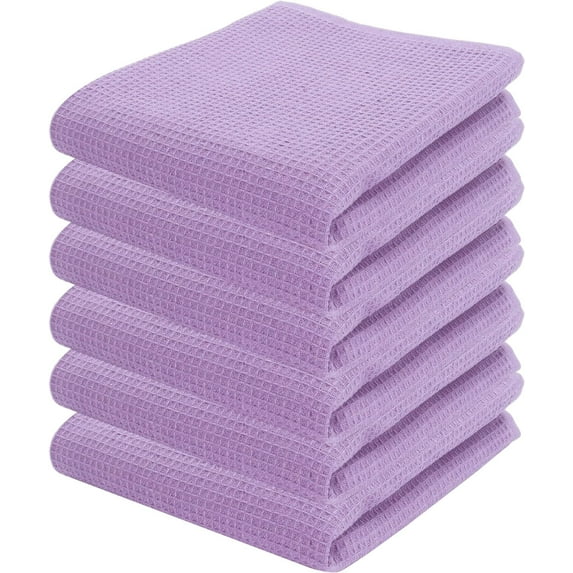 PurpleEssences 6 Pack Waffle Weave Solid Kitchen Dish Wash Cloths 100% Cotton, 15x25 in - Lavender