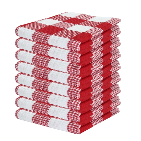 PurpleEssences 8 Pack Cotton Waffle 15X25 Inch Buffalo Plaid Kitchen Towels, Soft and Absorbent Dish towels For Kitchen Decor and Accessories - Red/White